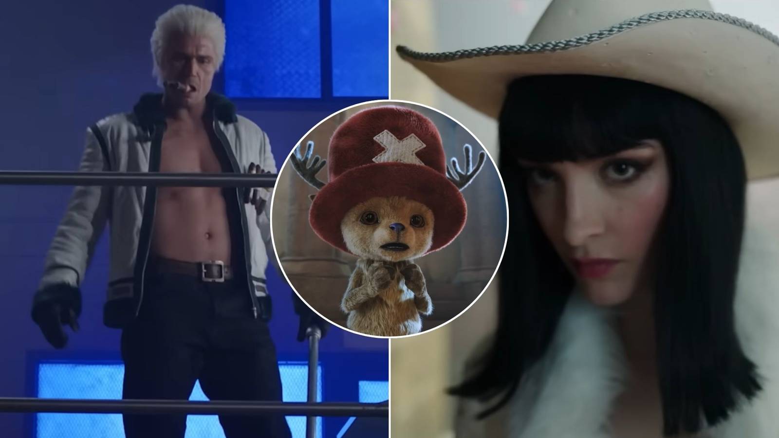 A collage of three characters who'll have prominent role in Season 2 of Netflix's One Piece: Smoker, Tony Tony Chopper and Nico Robin.