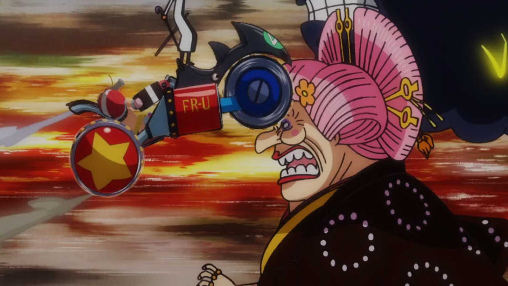 one piece episode 998 franky driving a bike over big mom