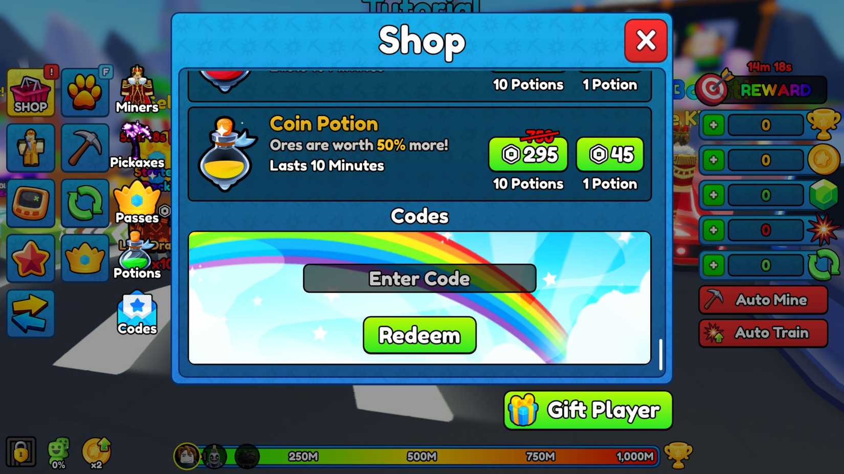 Pickaxe Simulator the codes tab