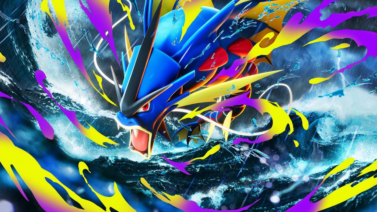 mega gyarados ex art from pokemon tcg pocket's mega rising expansion.