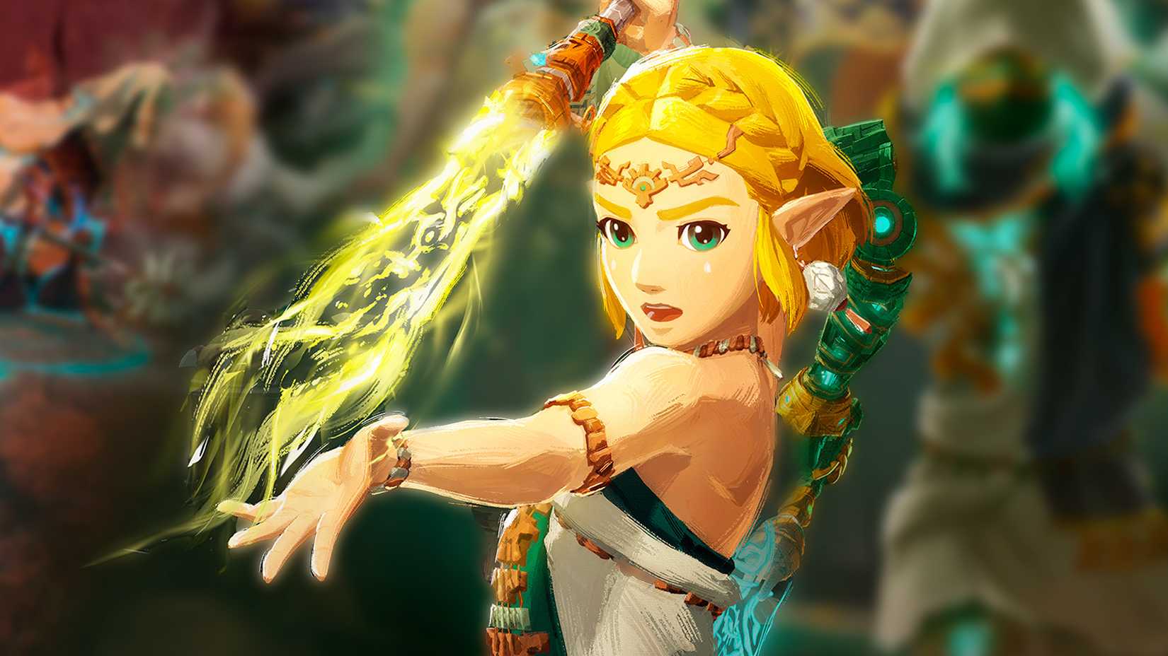 Zelda from Hyrule Warriors: Age of Imprisonment holding a glowing yellow sword