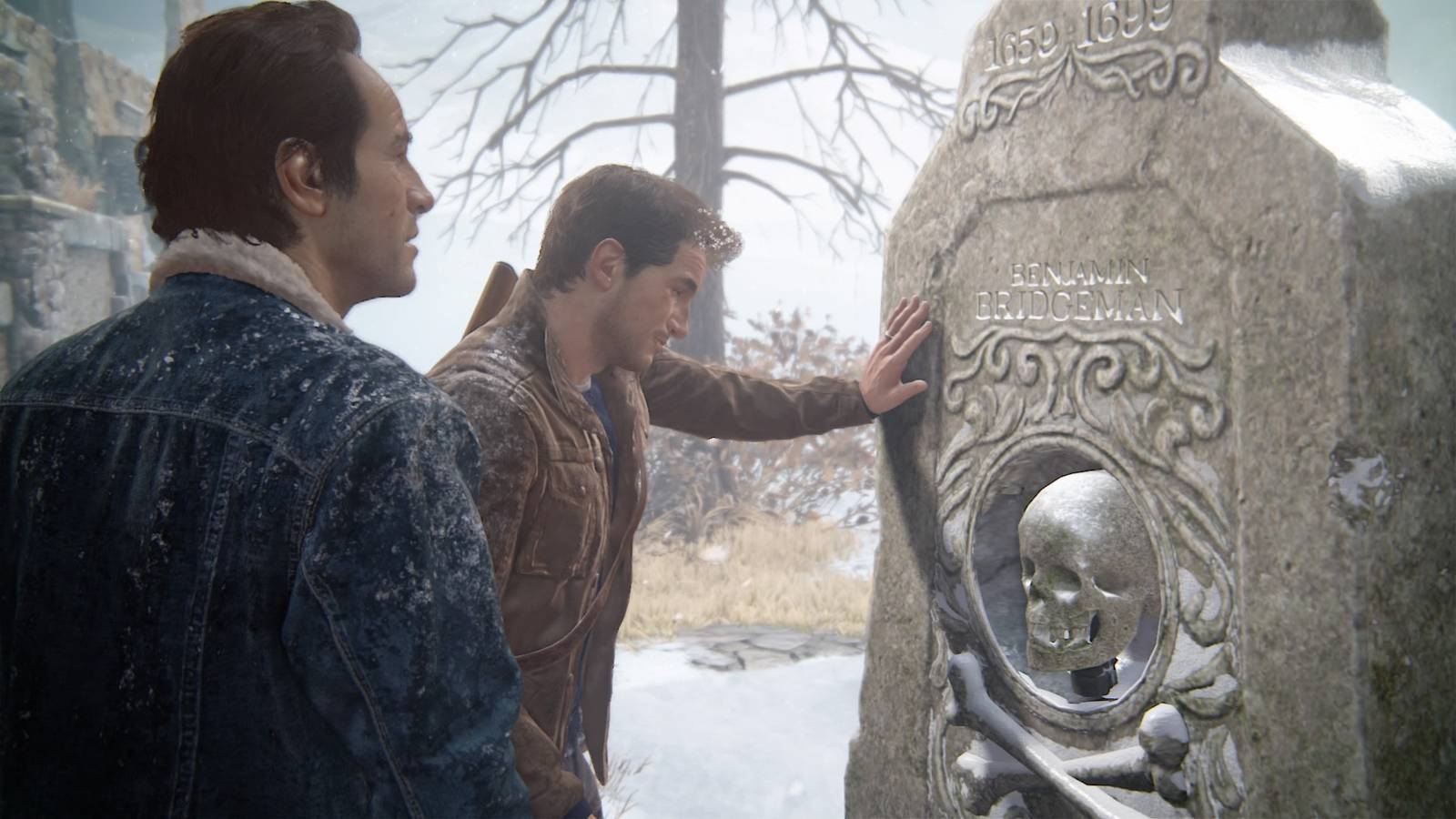 Sam and Nathan at a grave in Uncharted 4 A Thief's End