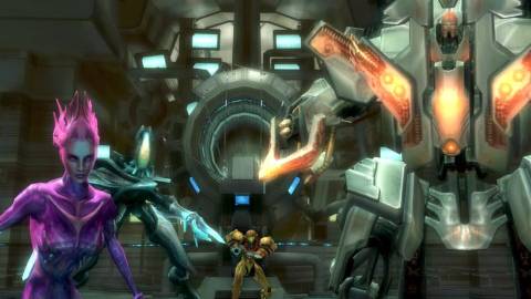 Samus fighting alongside Rundas, Gandrayda, and Ghor - Metroid Prime 3 Corruption
