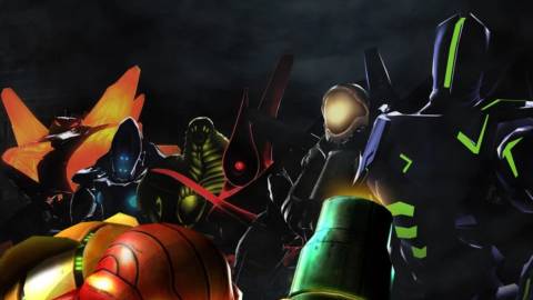 Samus, Sylux and the other bounty hunters in promotional art for the game - Metroid Prime Hunters