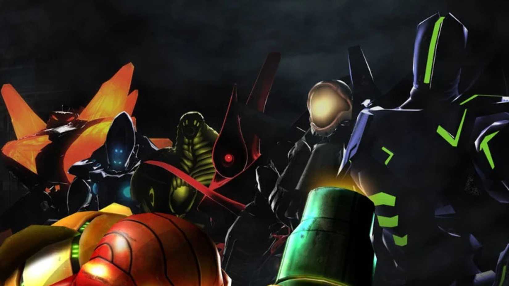 Samus, Sylux and the other bounty hunters in promotional art for the game - Metroid Prime Hunters