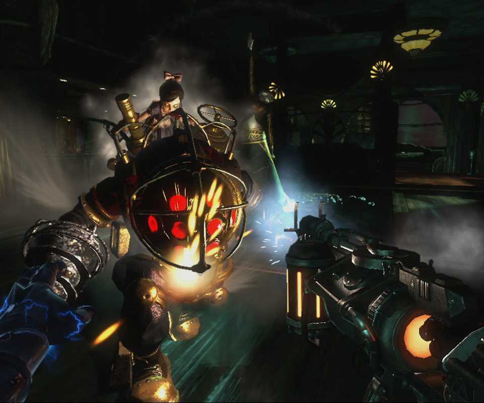 Shooting a Big Daddy in BioShock 2