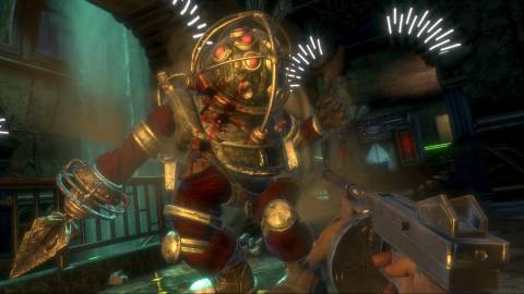 Shooting a Big Daddy in BioShock (2007)