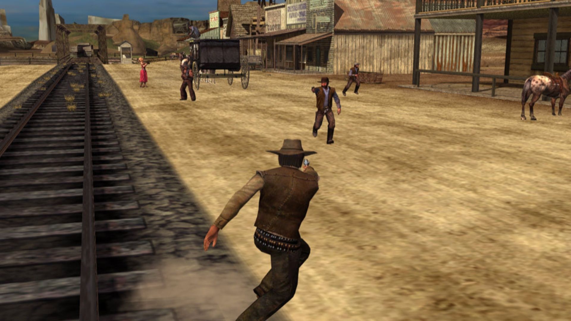 Shooting enemies in town in Gun (2005)