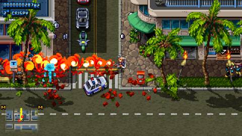 Shooting enemies with a flamethrower in Shakedown Hawaii