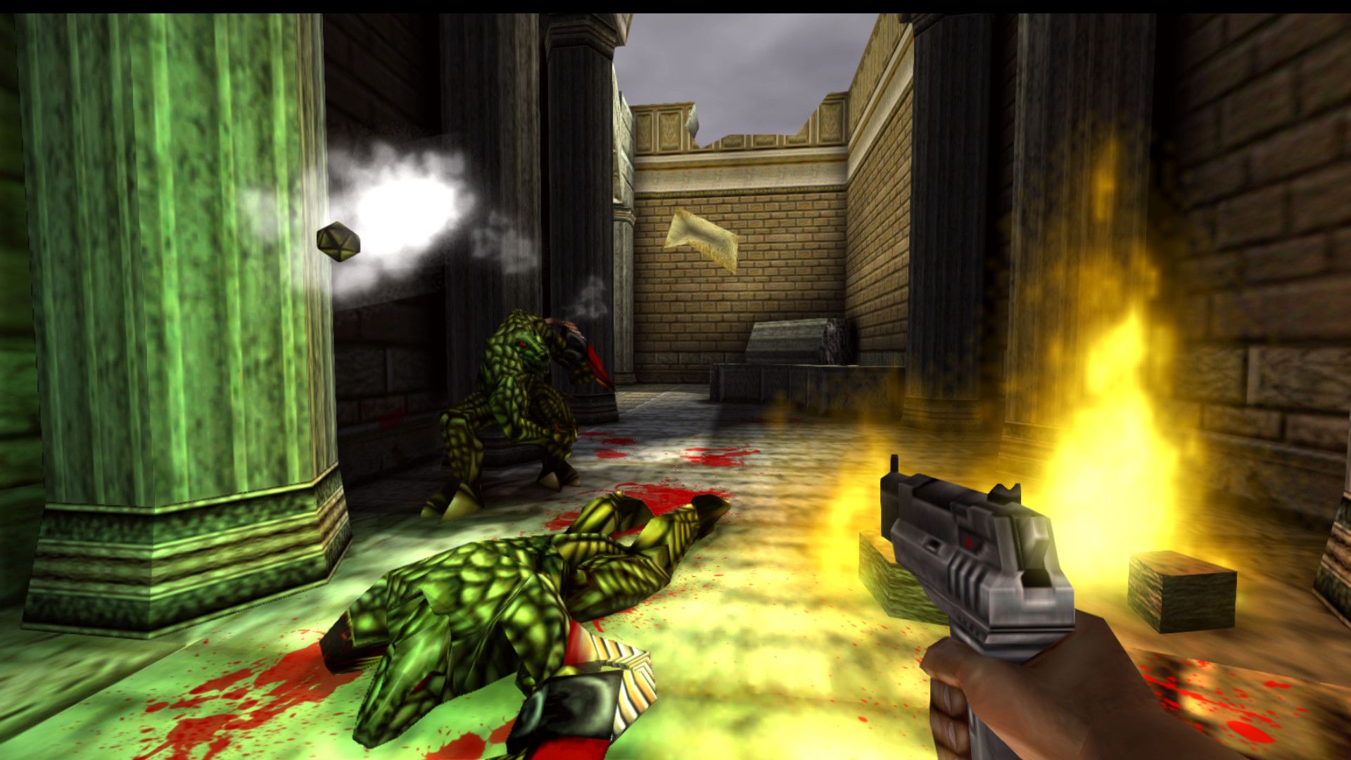 Shooting enemies with a pistol in Turok 2 Seeds of Evil