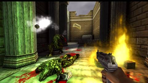 Shooting enemies with a pistol in Turok 2 Seeds of Evil