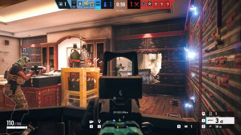 Shooting enemies with a rifle in Tom Clancy's Rainbow Six Siege