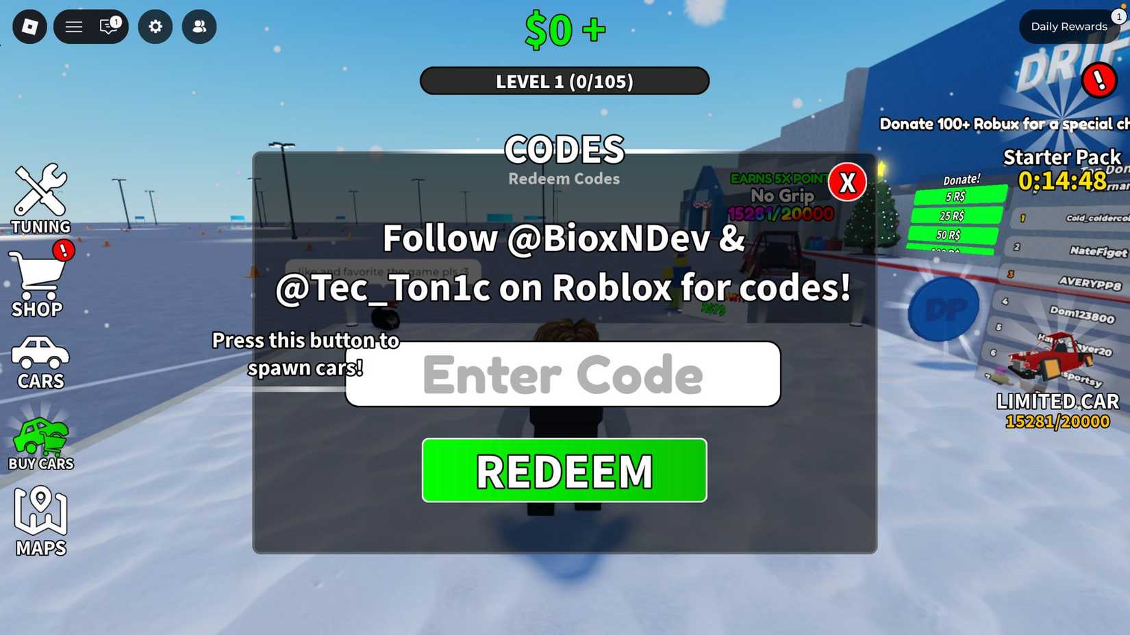 Shopping Drift at Driftmart the codes tab