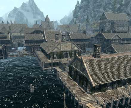 Pemandangan udara Riften yang direkreasi dalam The Sims 4