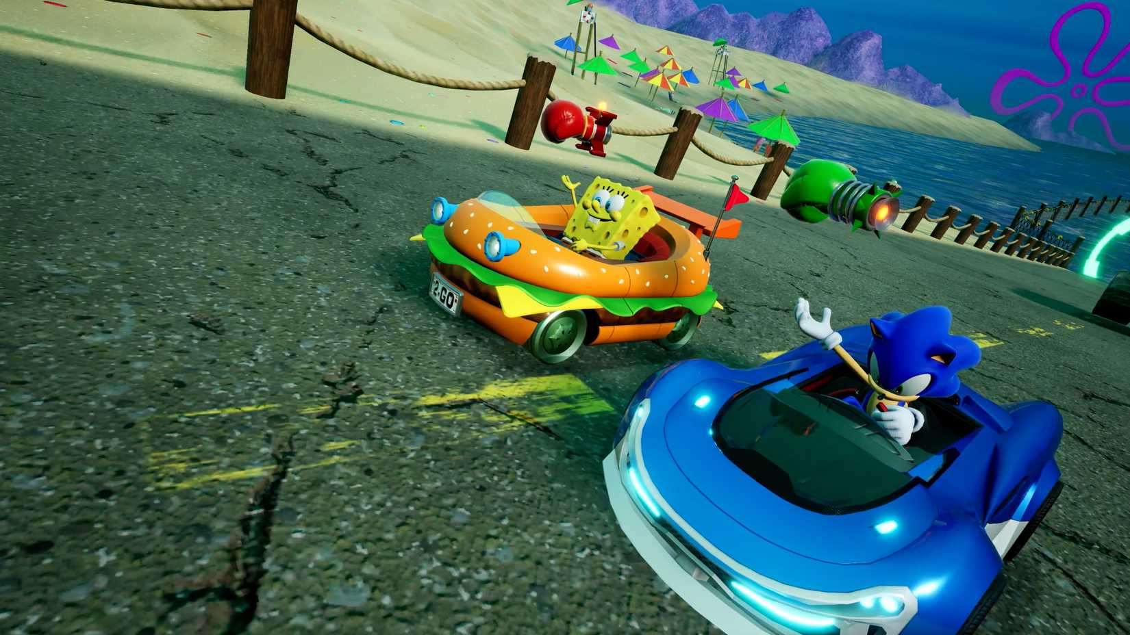 Bob Esponja e Patrick em Sonic Racing: CrossWorlds