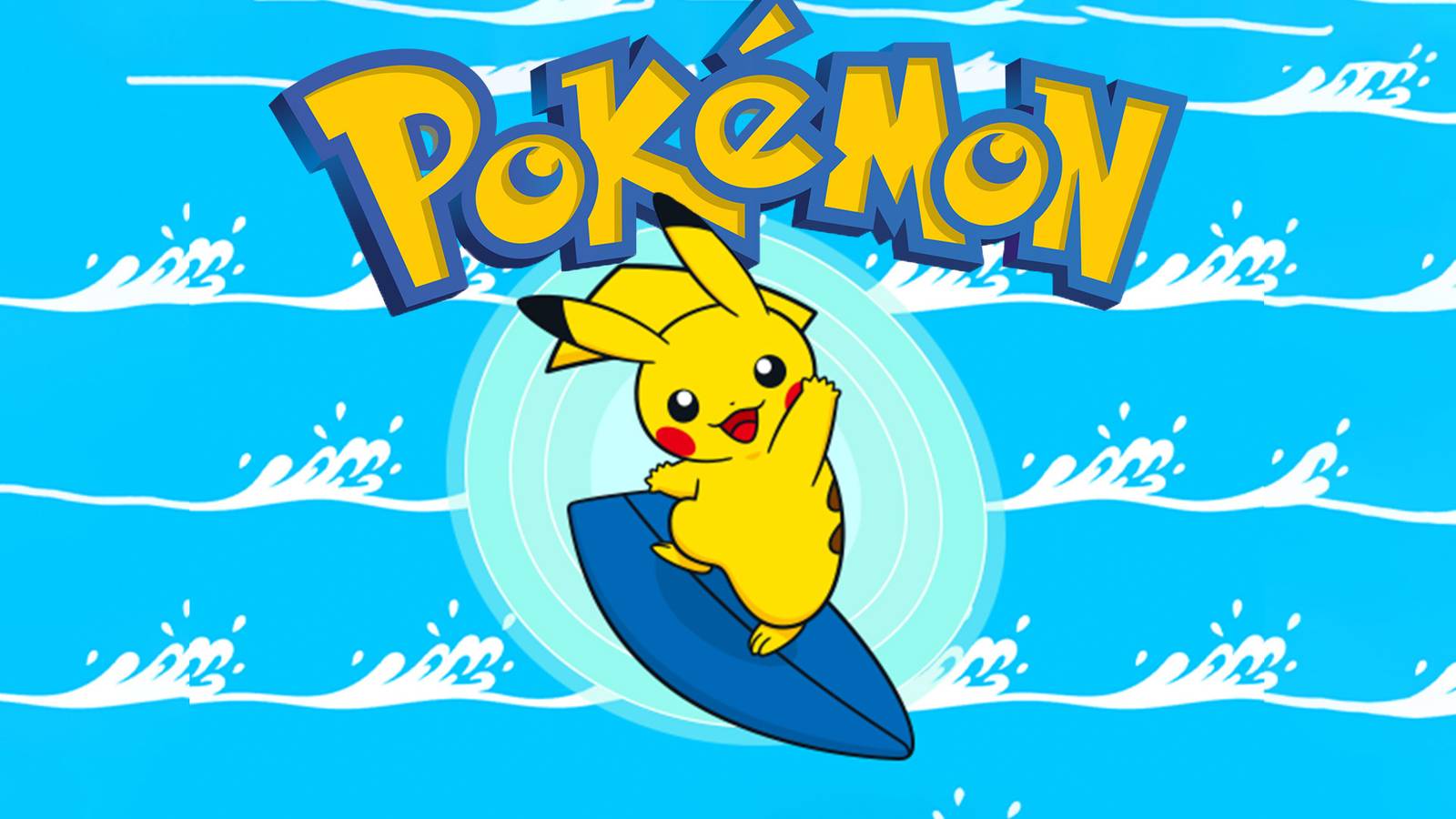 Surfing Pikachu in front of Pokemon logo wind and waves composite