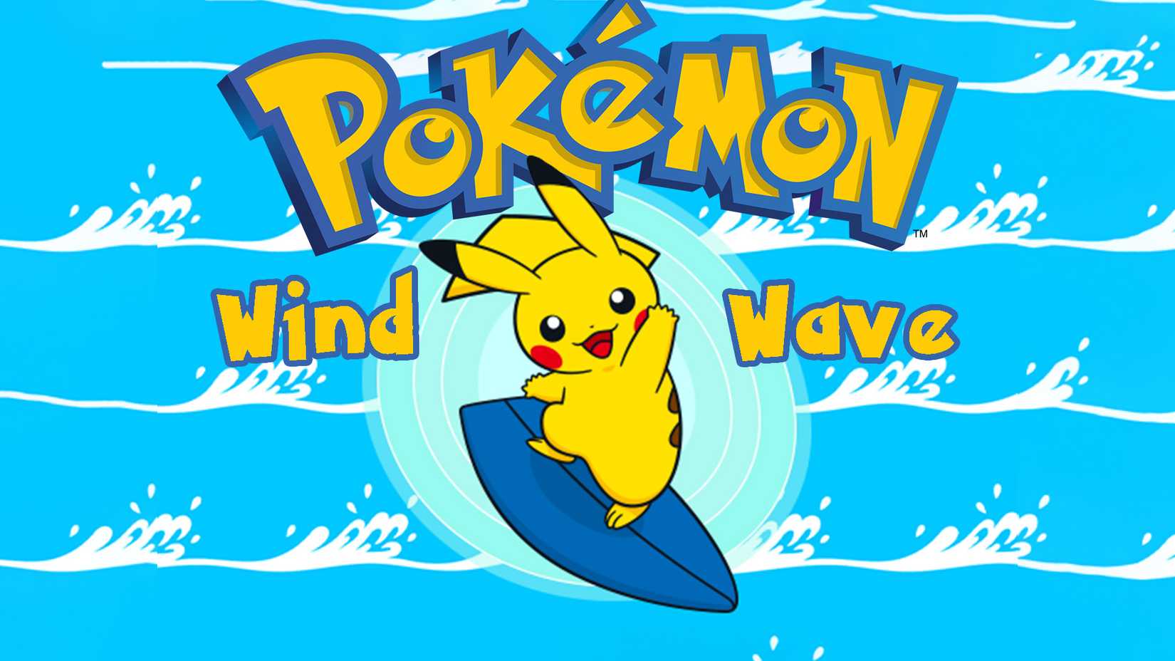 Surfing Pikachu surrounded by mockup Pokemon Wind and Wave logo composite