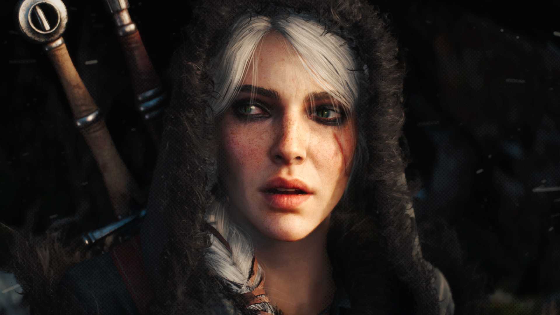 Surprised-looking Ciri The Witcher 4 tech demo faint dot-halftone shading edit