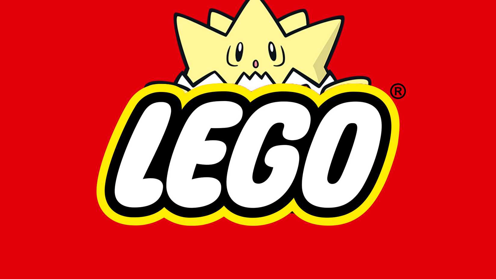 surprised-looking Togepi behind LEGO logo red background