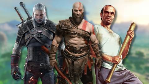 A collage of characters from three video game masterpieces: Geralt of Rivia from the Witcher 3, Kratos from God of War and Trevor Phillips from Grand Theft Auto 5.