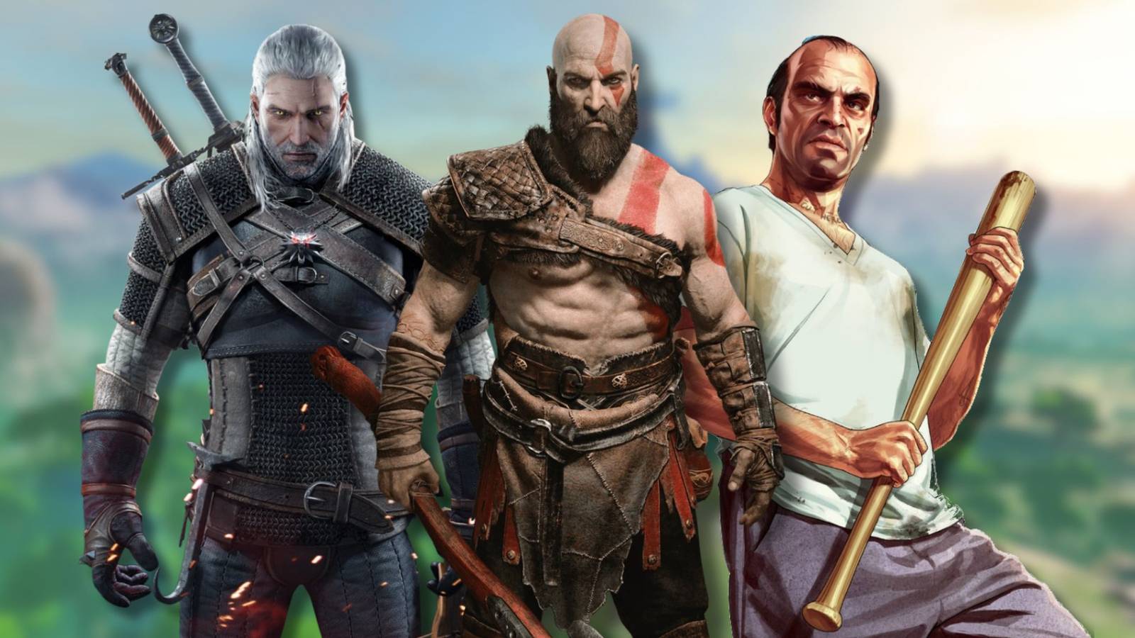 A collage of characters from three video game masterpieces: Geralt of Rivia from the Witcher 3, Kratos from God of War and Trevor Phillips from Grand Theft Auto 5.