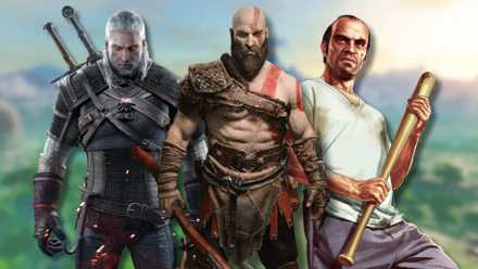 A collage of characters from three masterpieces of video games: Geralt of Rivia from Witcher 3, Kratos from God of War and Trevor Phillips from Grand Theft Auto 5.