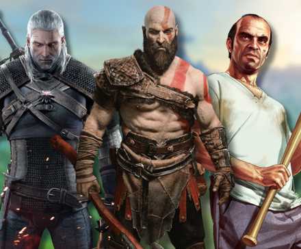 A collage of characters from three video game masterpieces: Geralt of Rivia from the Witcher 3, Kratos from God of War and Trevor Phillips from Grand Theft Auto 5.
