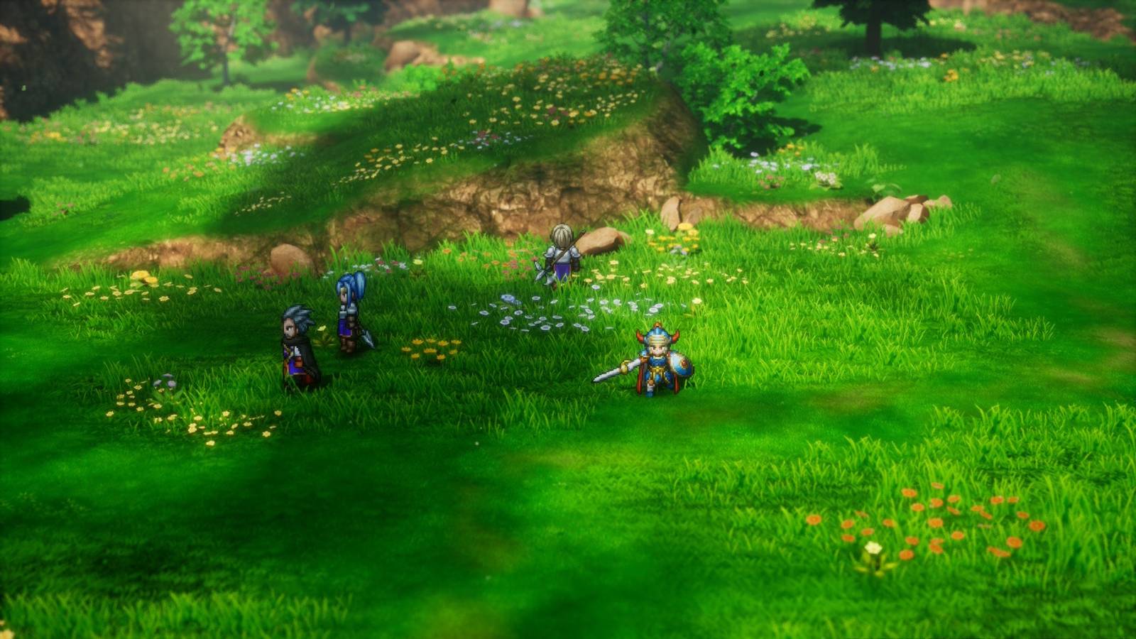 The hero rescuing travelers in Dragon Quest 1 HD-2D Remake