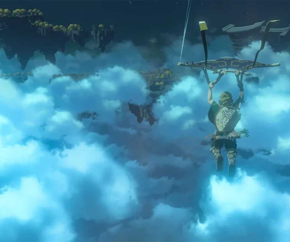 Link meluncur melewati awan di The Legend Of Zelda Tears Of The Kingdom, sebuah transformasi video game.