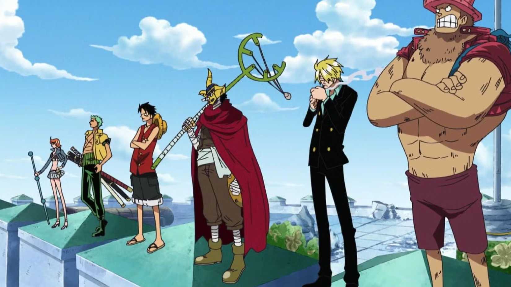 The Straw Hat Pirates (Nami, Zoro, Luffy, Sogeking, Sanji and Chopper) confront CP9 in order to retrieve Robin one piece