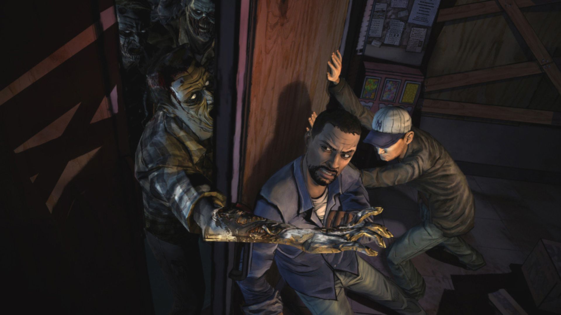 The Walking Dead - Lee and his friends fighting off some zombies