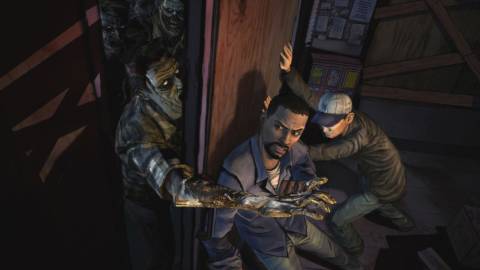 The Walking Dead - Lee and his friends fighting off some zombies