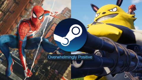 A collage of two open-world games that have Overwhelmingly Positive reviews on Steam: Marvel's Spider-Man Remastered and Palworld.