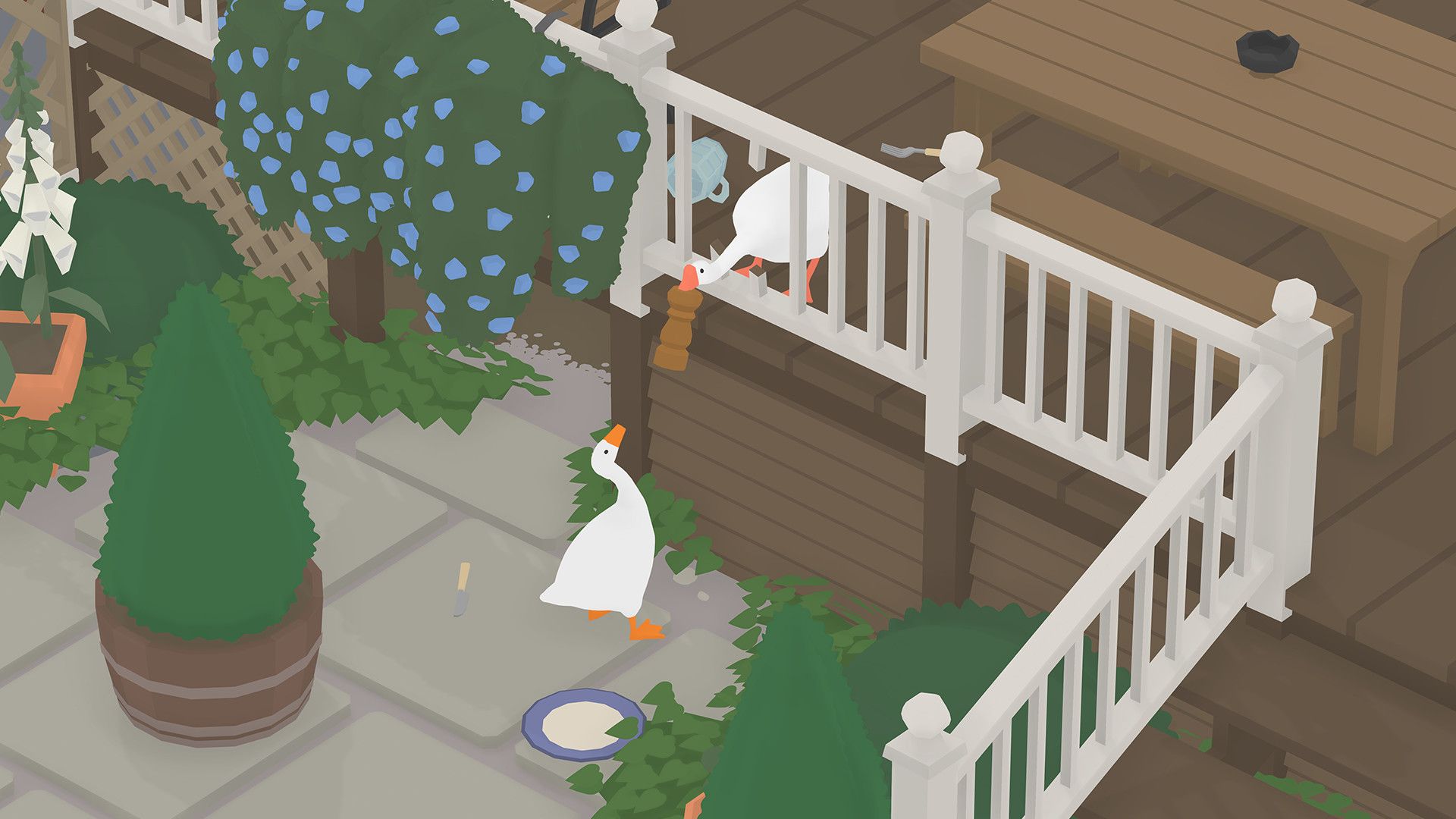 Two geese helping each other in Untitled Goose Game
