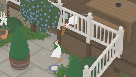 Two geese helping each other in Untitled Goose Game
