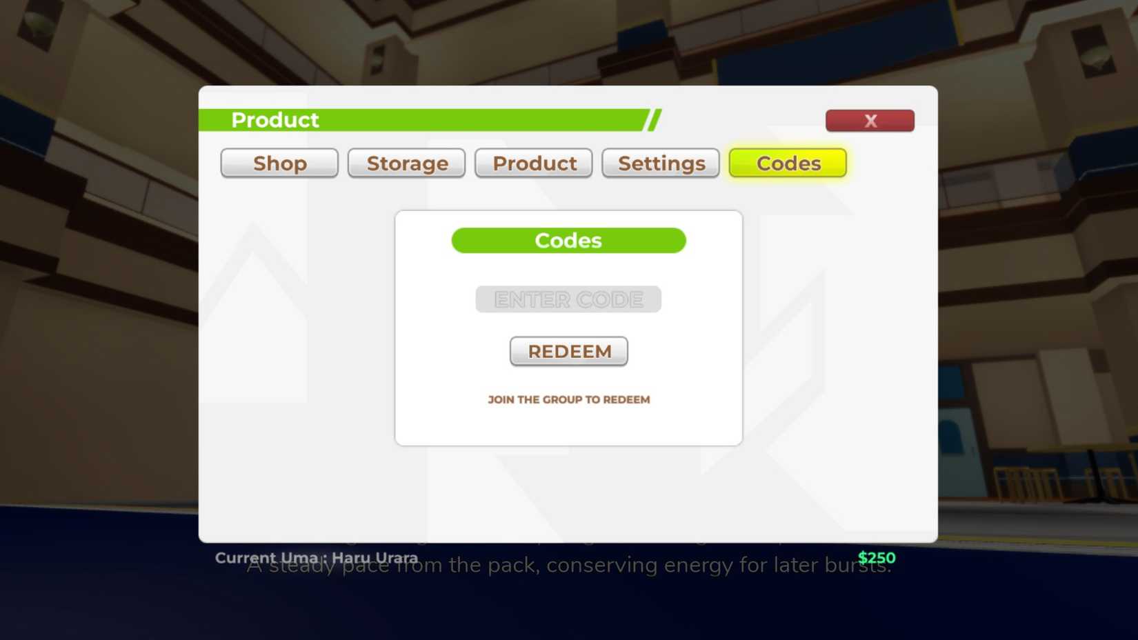 Uma Racing the codes tab