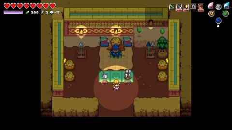Visiting the shopkeeper in Cadence of Hyrule