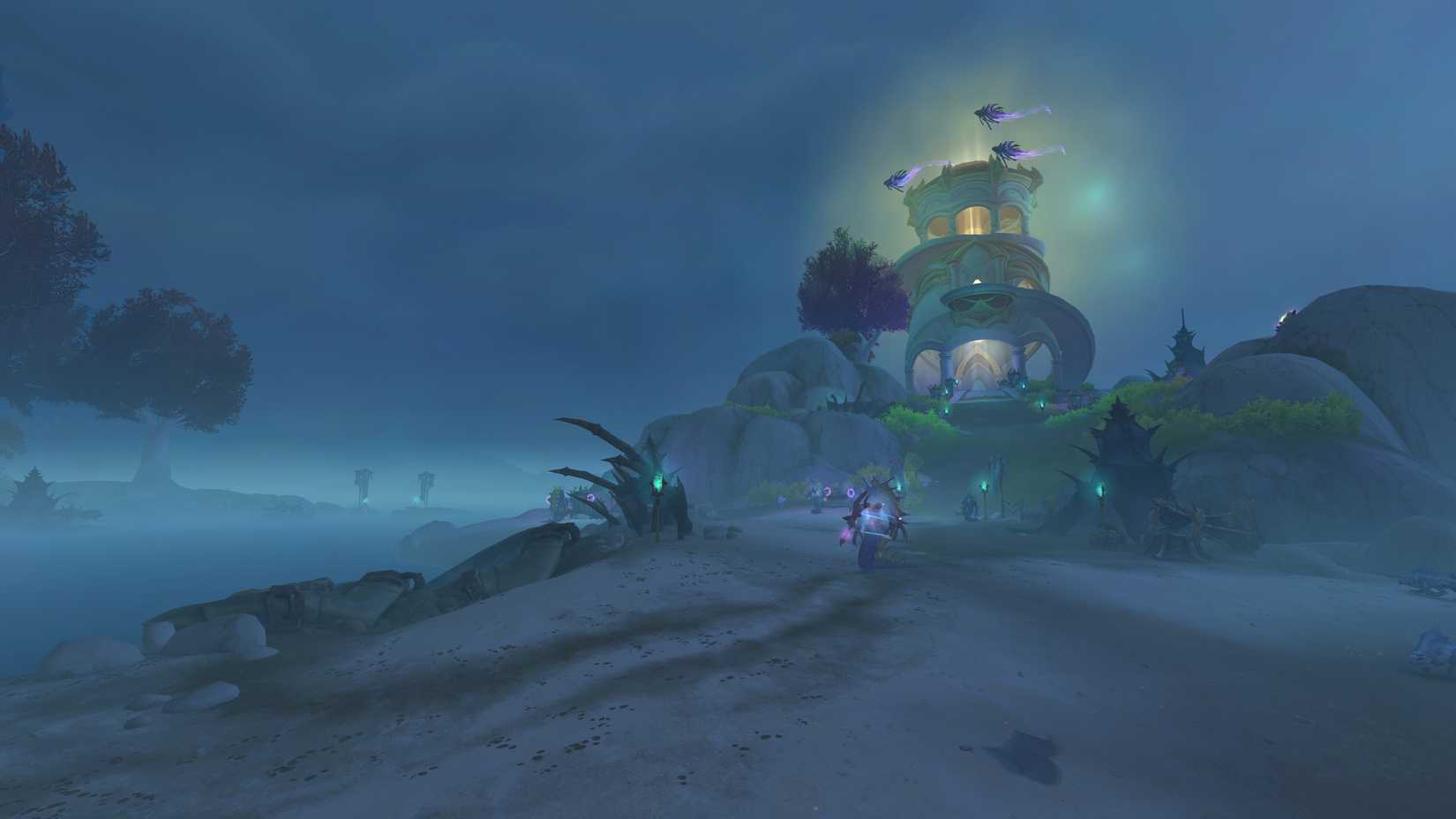 Costa de Eversong Woods em World of Warcraft: Midnight com criaturas marinhas.