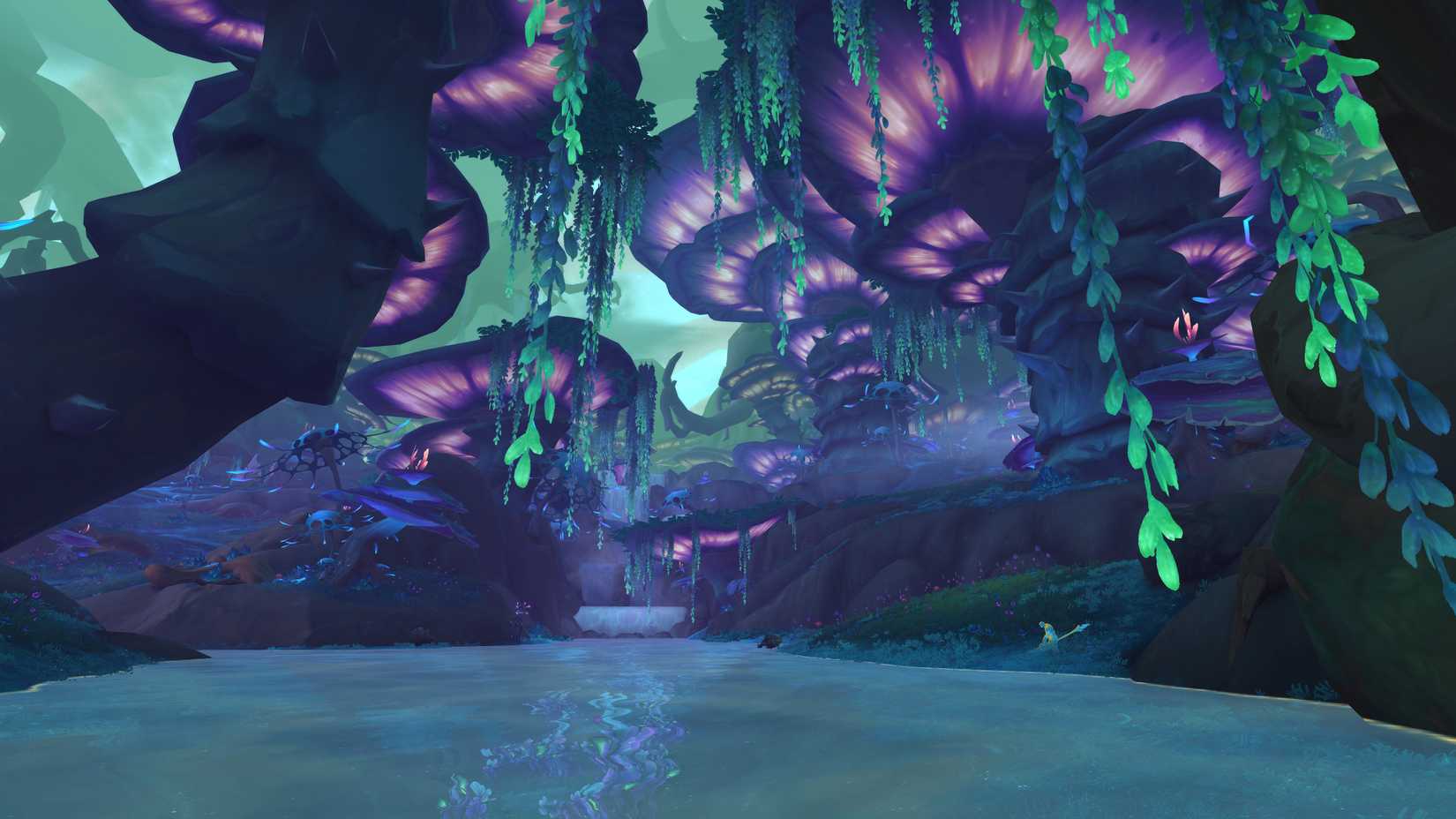 Cenário pantanoso em Harandar, uma das novas zonas de World of Warcraft: Midnight.