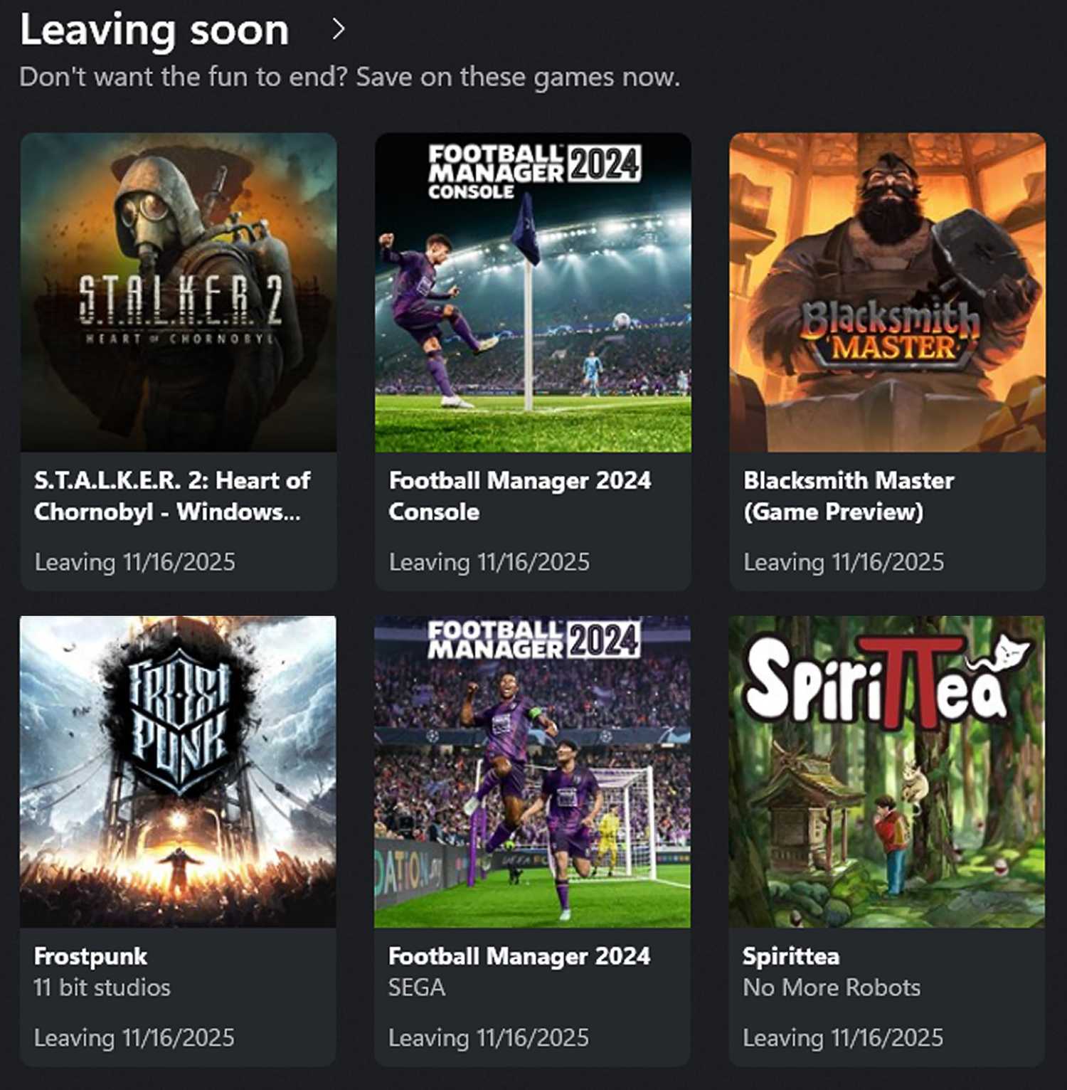 Xbox Game Pass Leaving Soon November 15-16 2025 Xbox app screenshot