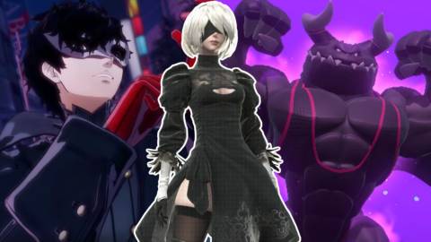 A collage of games that take way too long to finish: Persona 5, Nier Automata and Ring Fit Adventure.