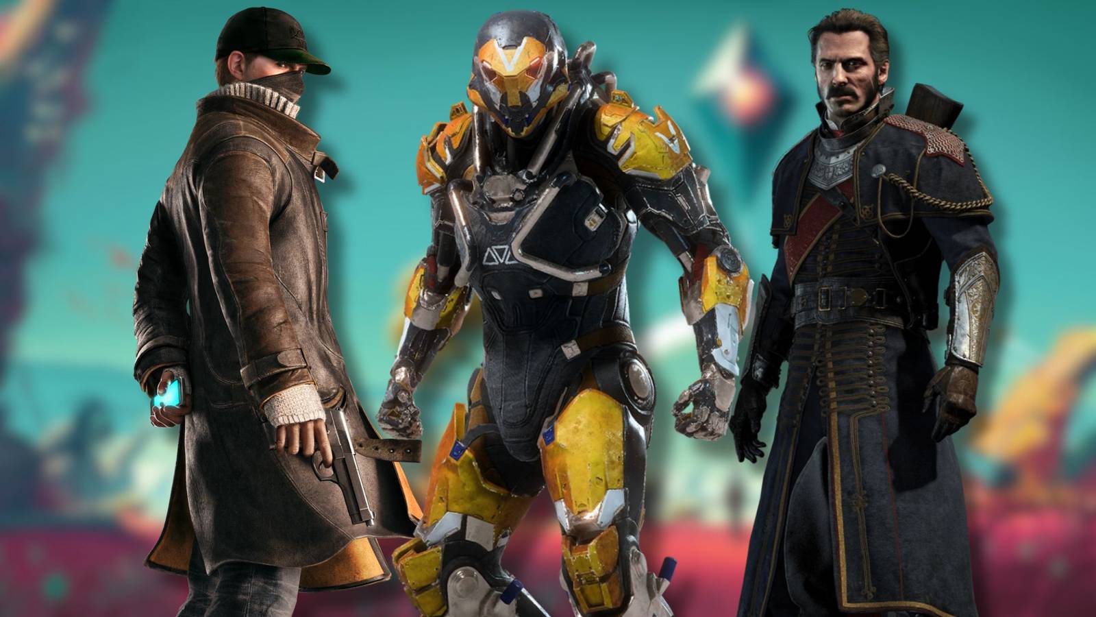 A collage of characters from three overhyped games that didn't change anything: Watch Dogs, Anthem, and The Order: 1886.