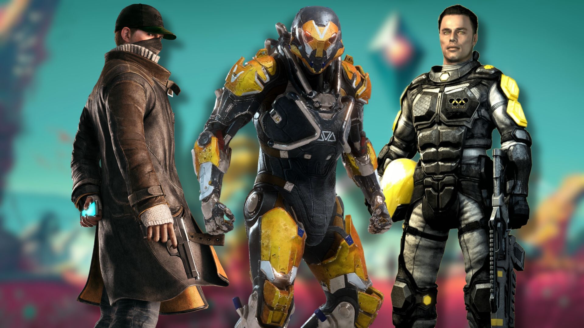 A collage of characters from three overhyped games that didn't change anything: Watch Dogs, Anthem, and Haze.