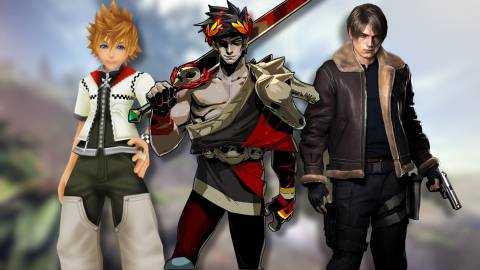 A collage of characters from games that get better as you play: Roxas from Kingdom Hearts 2, Zagreus from Hades and Leon Kennedy from Resident Evil 4 Remake.
