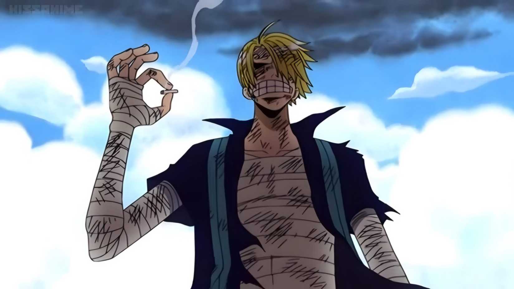 Sanji lights a smoke after being struck by enel