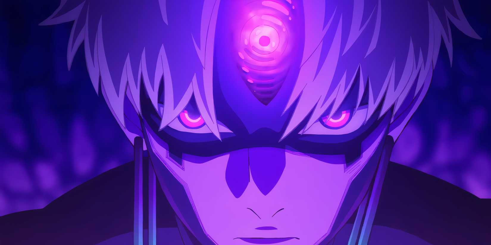 Jiji awakens his evil eye in violet light.