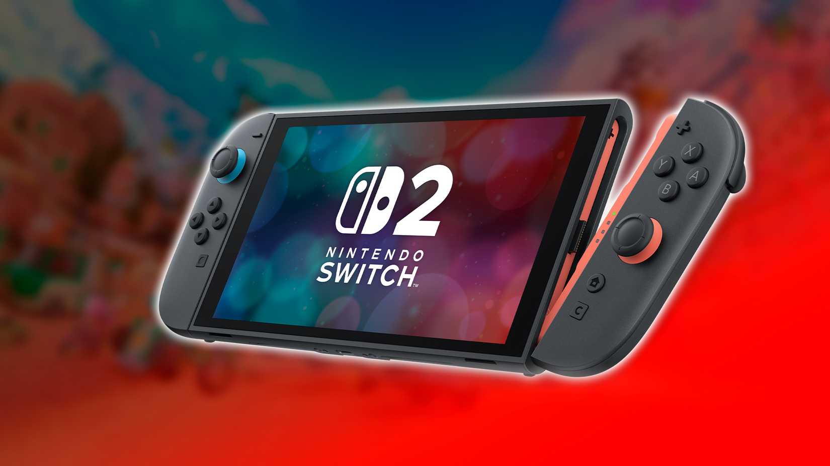 Nintendo Switch 2 dengan latar belakang merah