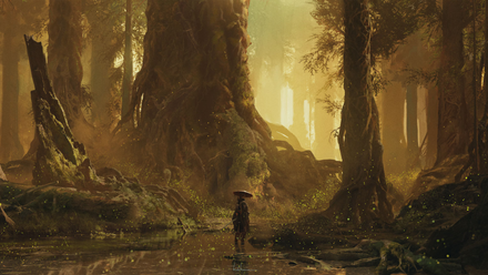 A foggy swamp featuring a character in a swamp