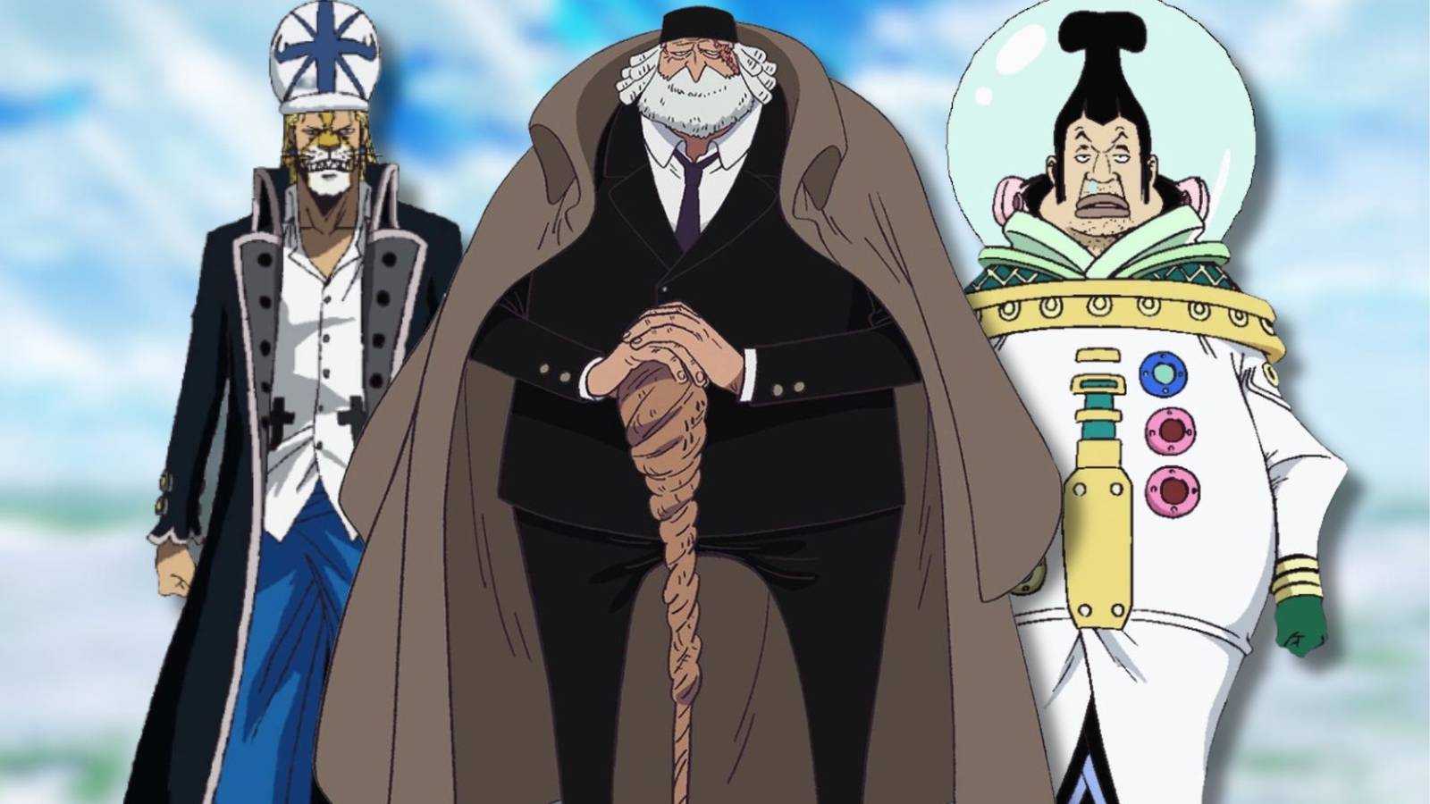 A collage of three unpopular One Piece characters: Absalom, Jaygarcia Saturn and Roswald Charlos.