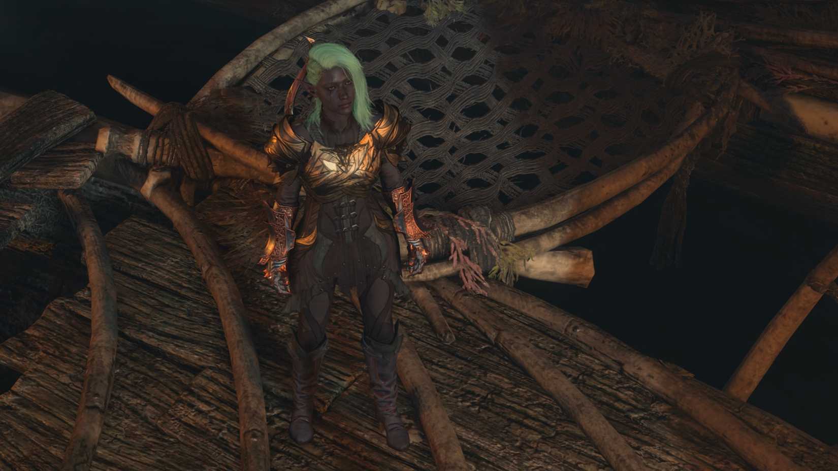 A drow character looking up in Baldurs Gate 3